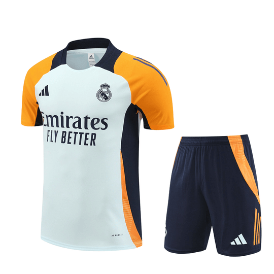 Conjunto Real Madrid Treino Bermuda e Camisa Laranja/Azul 2024/25