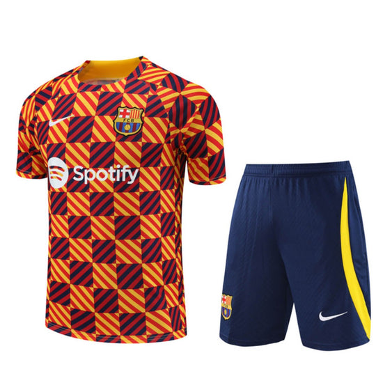 Conjunto Barcelona Treino Camisa e Short Xadrez Laranja 2023/24