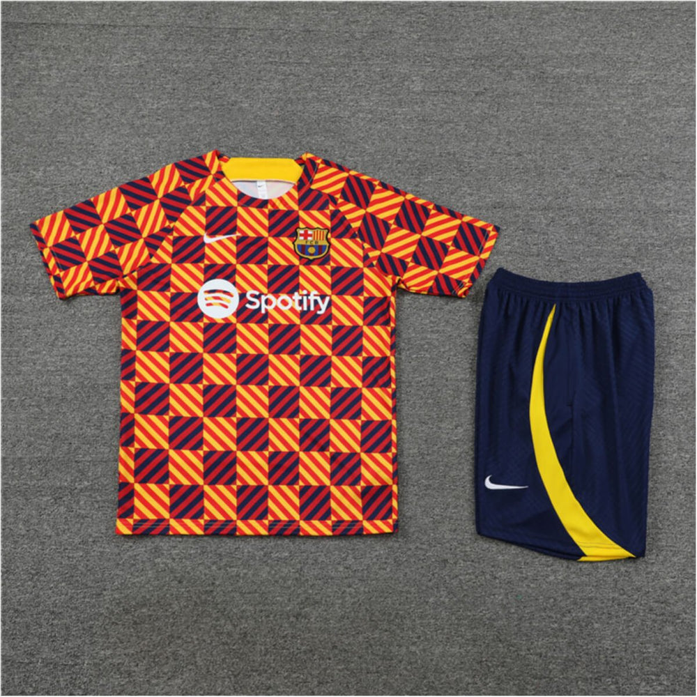 Conjunto Barcelona Treino Camisa e Short Xadrez Laranja 2023/24